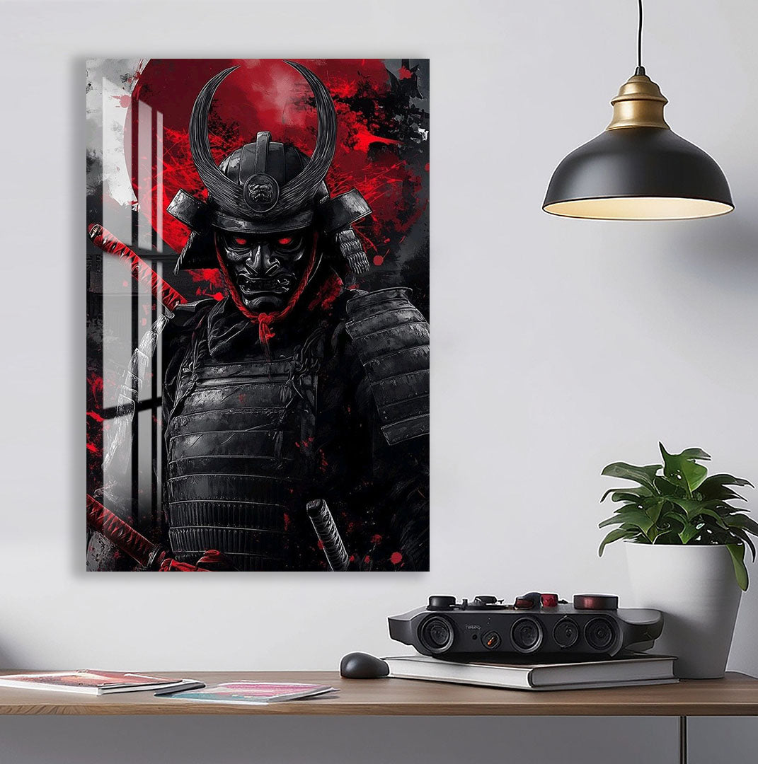 Samurai Warrior Glass Wall Art – Dark Red Japanese Gaming Poster for Modern Setups