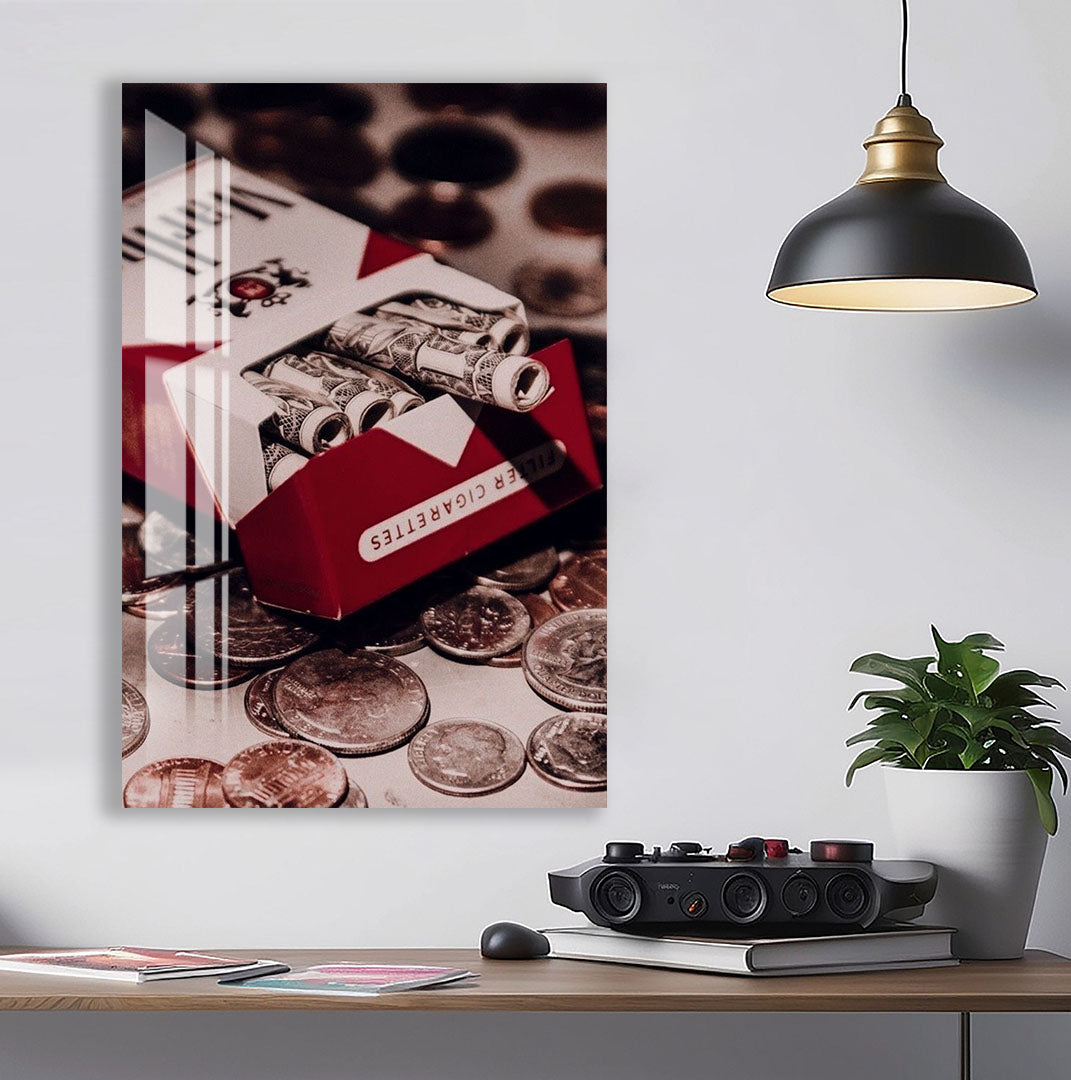 Money Cigarette Pack Glass Wall Art – Creative Pop Culture Decor for Modern Interiors