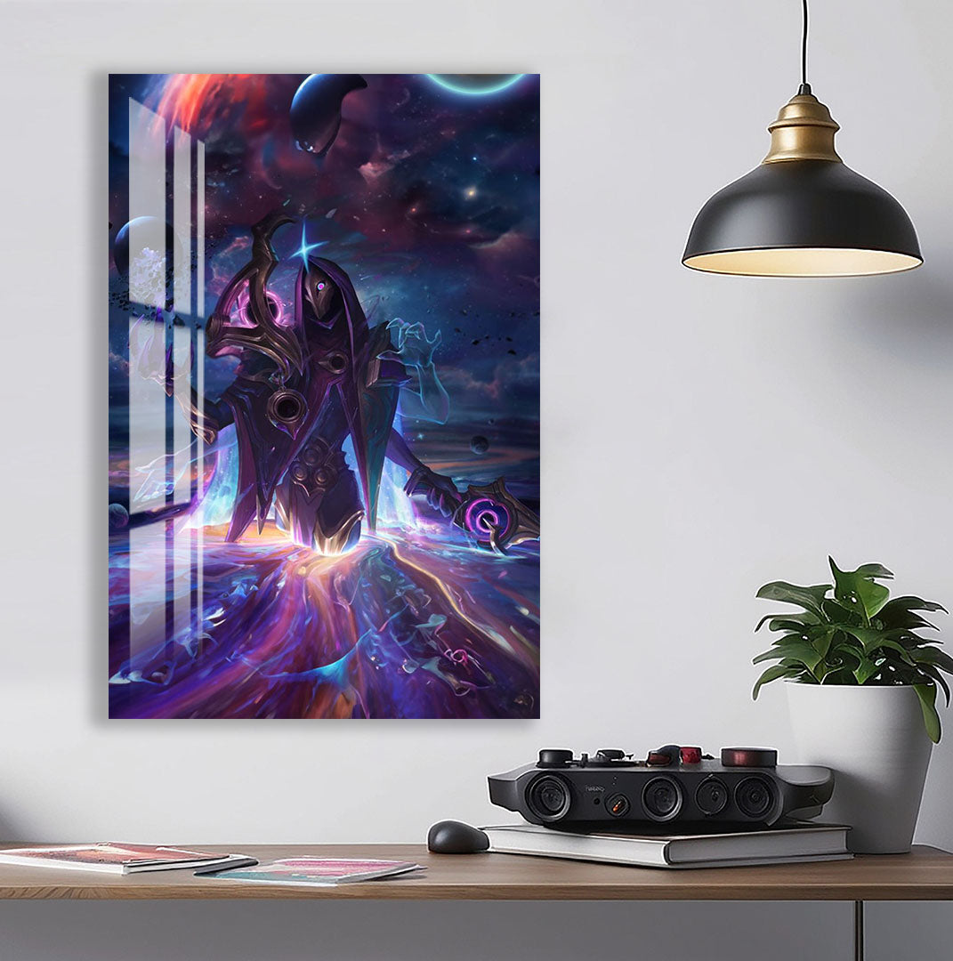 Dark Cosmic Jhin Glass Wall Art – League of Legends Gaming Poster for Modern Setups