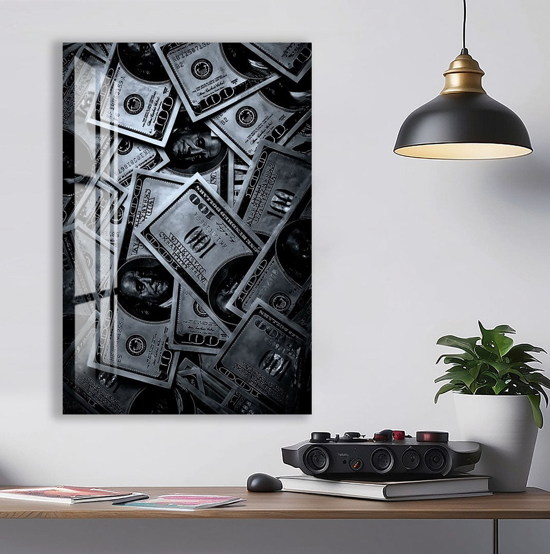 Money Glass Wall Art – Cool Black and White Dollar Design for Modern Interiors