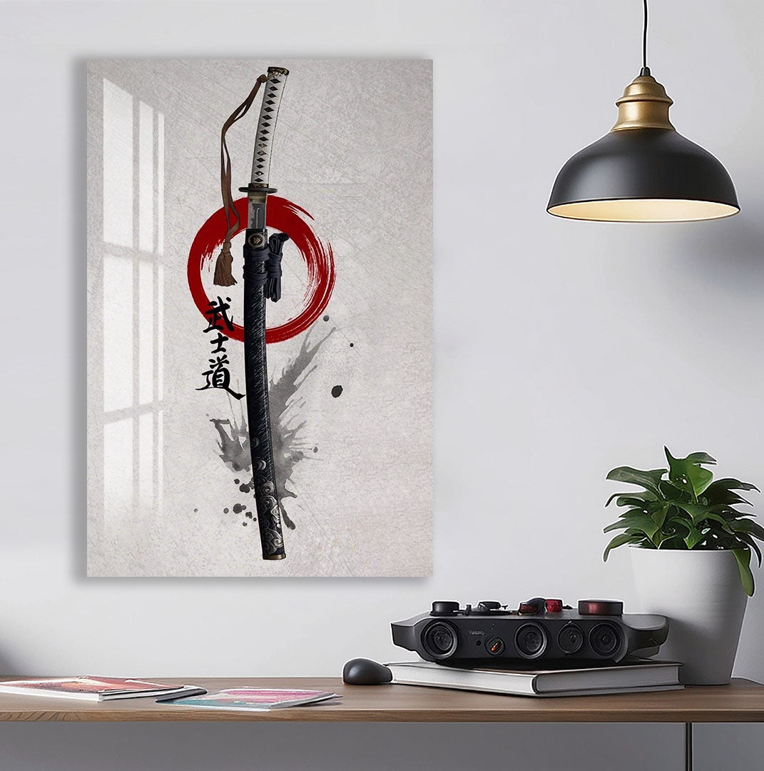 Samurai Katana Glass Wall Art – Japanese Warrior Sword Decor for Modern Interiors