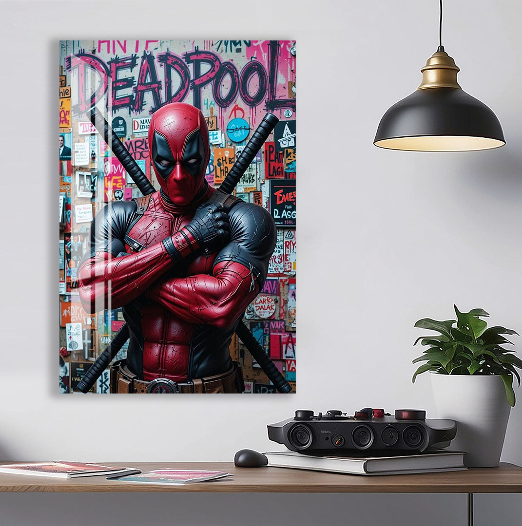 Deadpool Graffiti Glass Wall Art – Marvel Superhero Home Decor