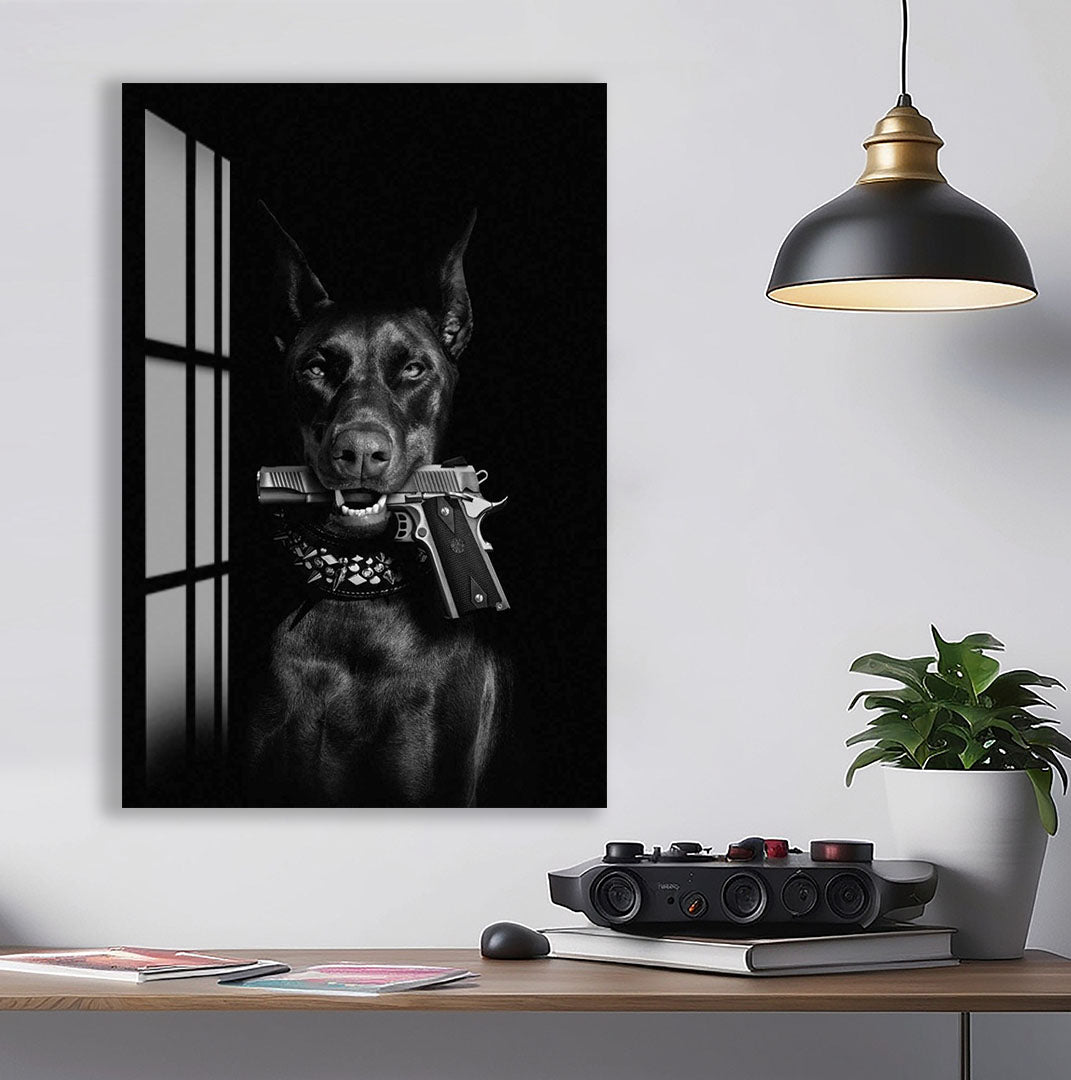 Cool Doberman Glass Wall Art – Black & White Modern Decor with Gun Design