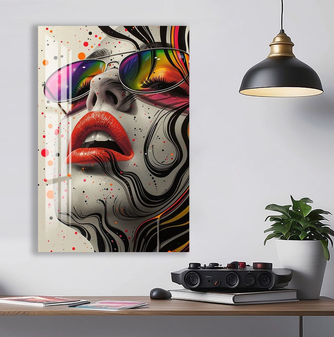 Cool Pop Art Glass Wall Art – Vibrant Woman with Sunglasses Modern Decor