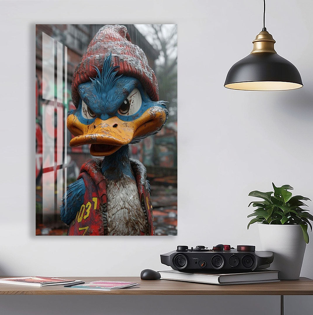 Street Duck Glass Wall Art – Urban Graffiti Style Cool Cartoon Decor