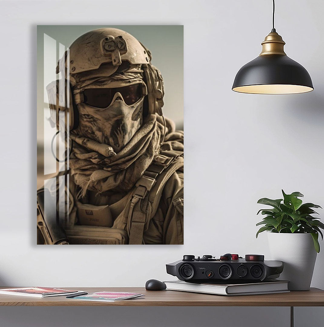 Tactical Soldier Glass Wall Art – Military Gaming Decor for Modern Interiors