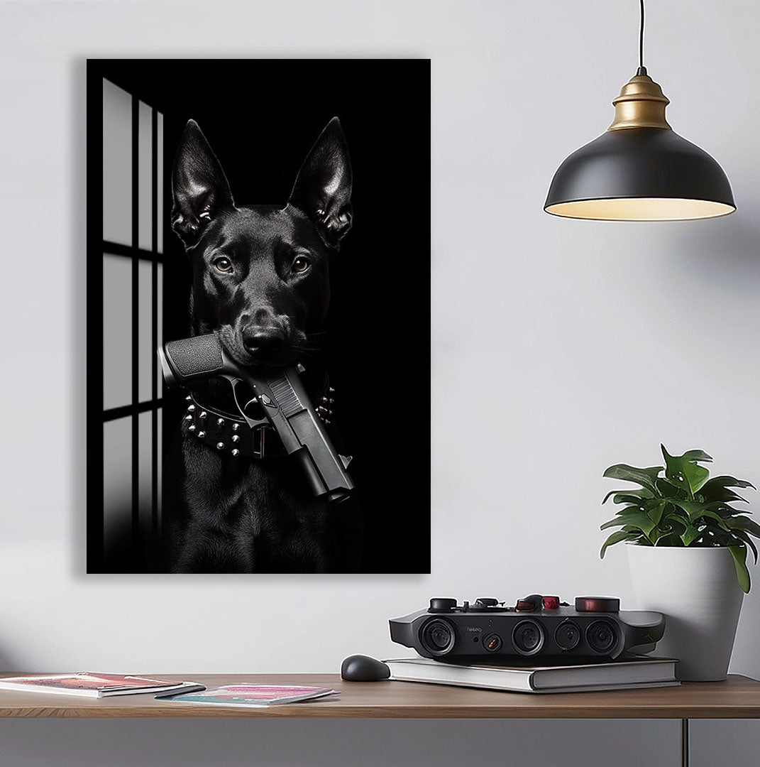 Dark Doberman Glass Wall Art – Powerful Dog with Gun Design for Bold Interiors