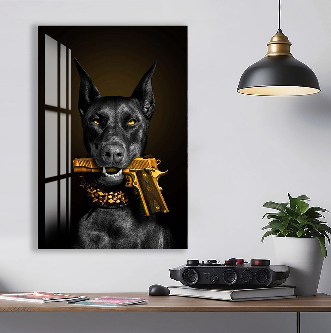 Cool Doberman Glass Wall Art – Bold Modern Decor with Golden Gun Design