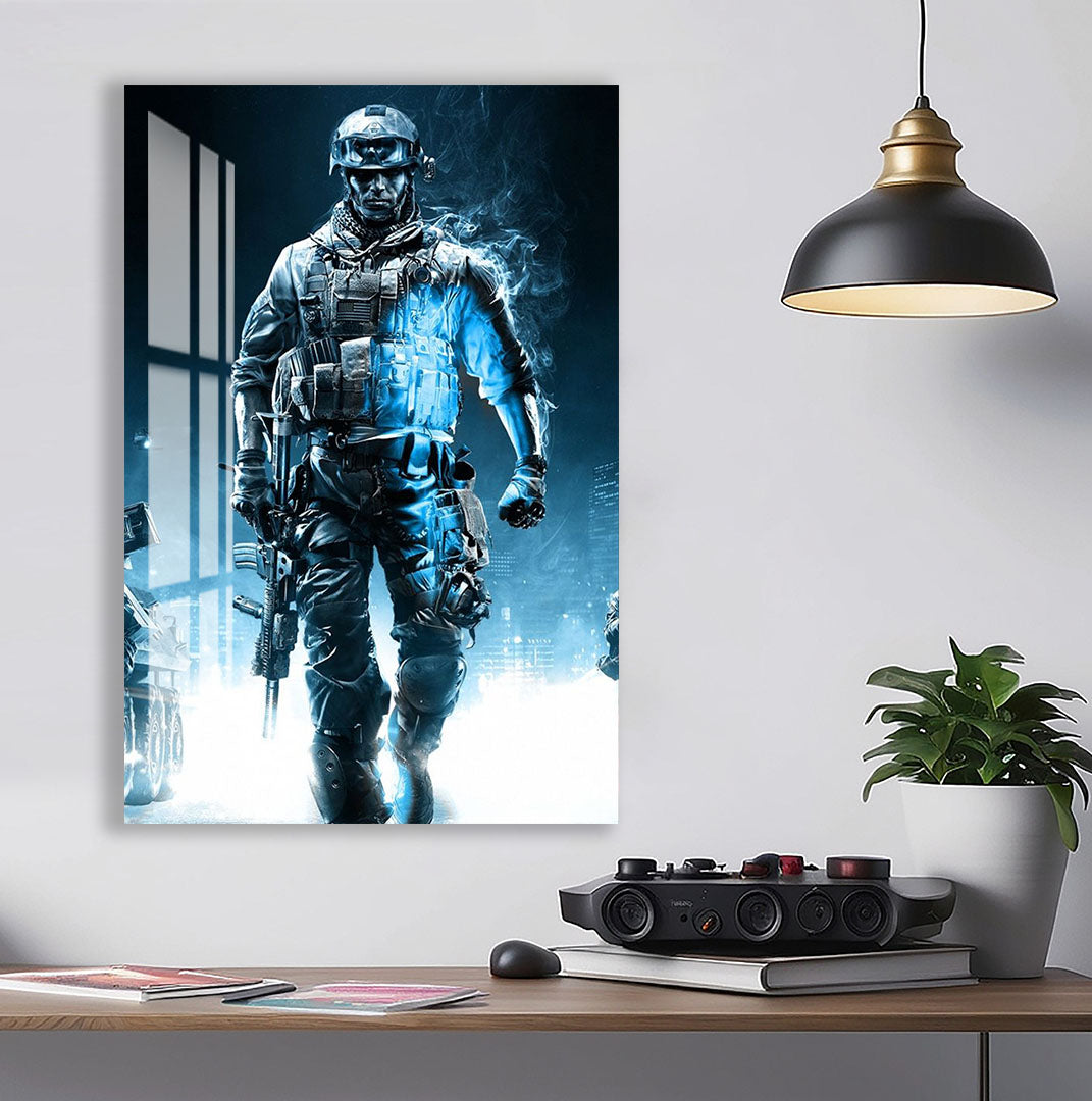 Battlefield Soldier Glass Wall Art – Epic Gaming Decor for Modern Interiors
