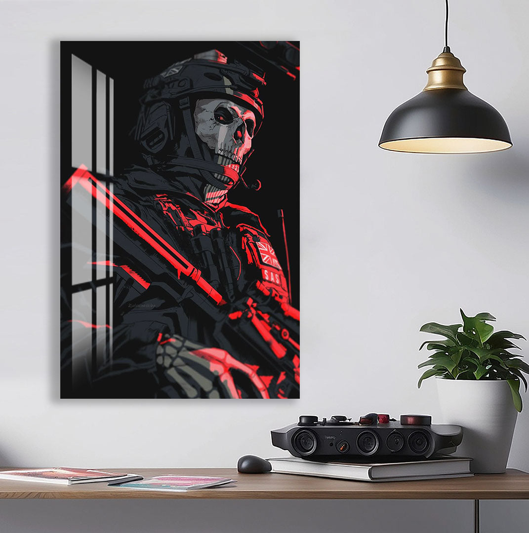 Ghost Soldier Glass Wall Art – Gaming Inspired Military Decor for Modern Interiors