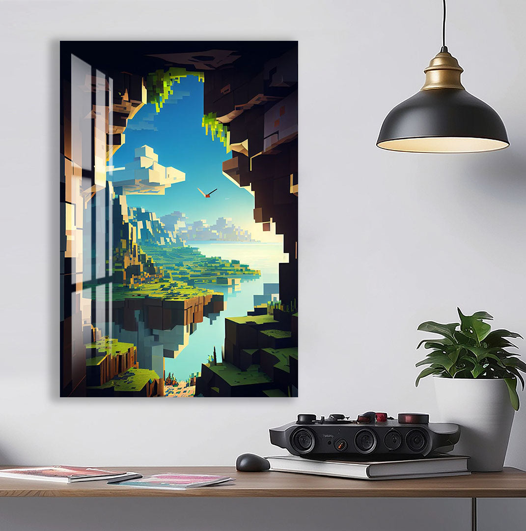 Minecraft Landscape Glass Wall Art – Pixel World Gaming Decor for Gamers