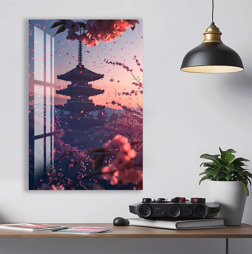 Japanese Pagoda Glass Wall Art – Cherry Blossom Sunset Decor for Modern Interiors
