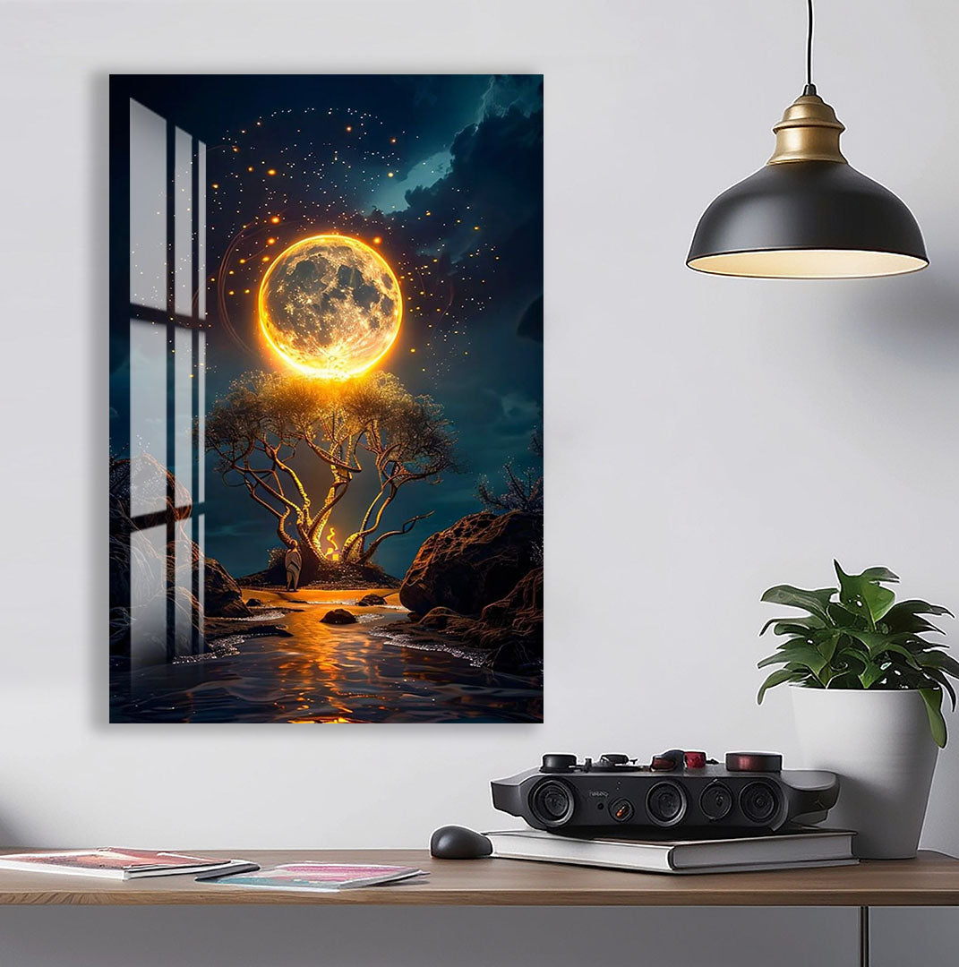 Fantasy Moon Glass Wall Art – Magical Night Tree & Moonlight Design for Modern Interiors