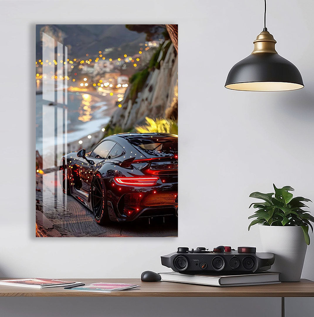 Luxury Supercar Glass Wall Art – Modern Black Sports Car Decor for Home & Office