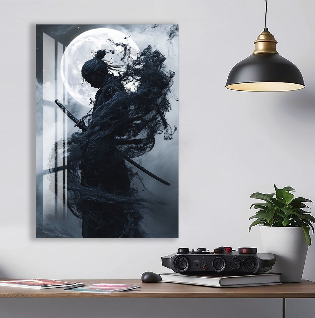 Samurai Warrior Moon Glass Wall Art – Epic Gaming & Fantasy Decor for Modern Interiors