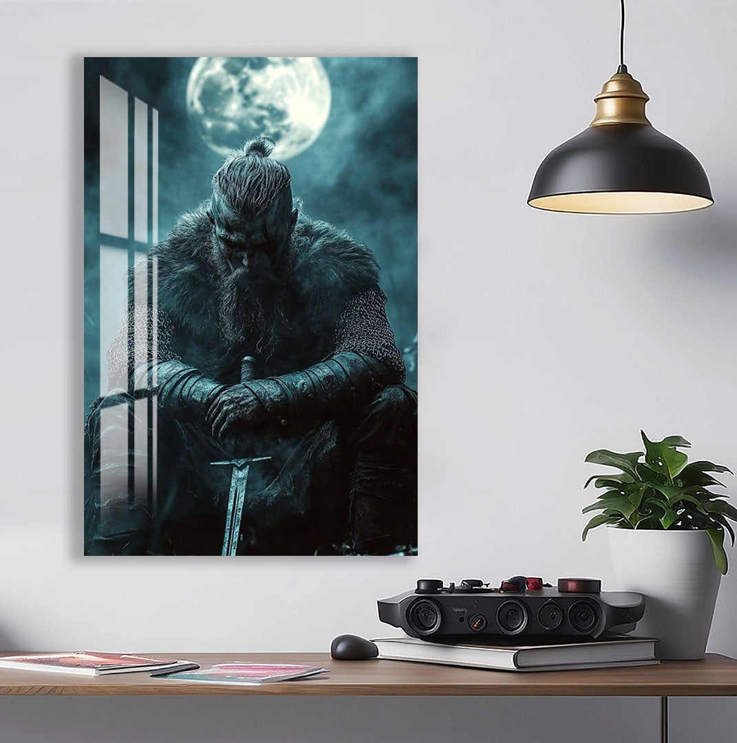 Vikings Glass Wall Art – Viking Warrior Under the Moon Poster