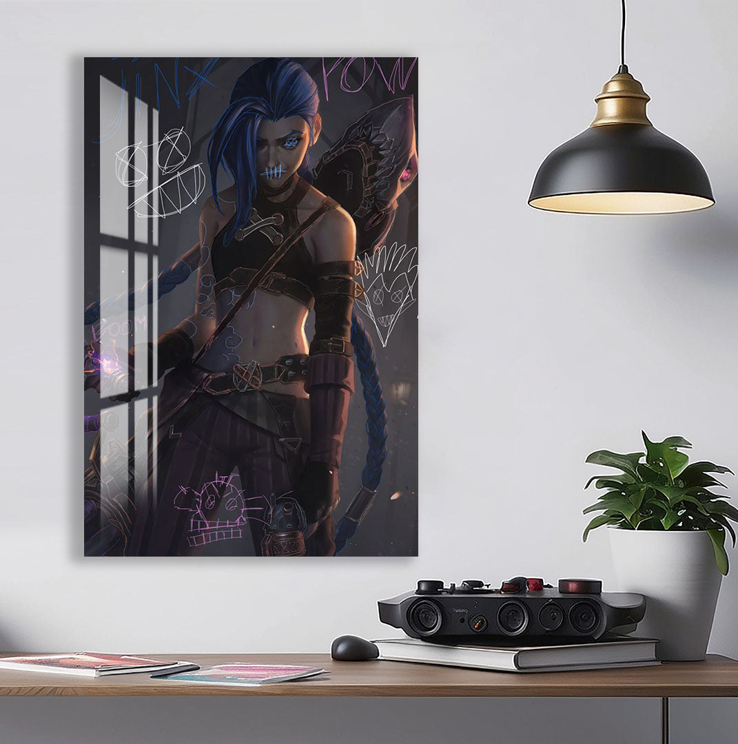 Jinx Arcane Glass Wall Art – League of Legends Gaming Poster for Gamers