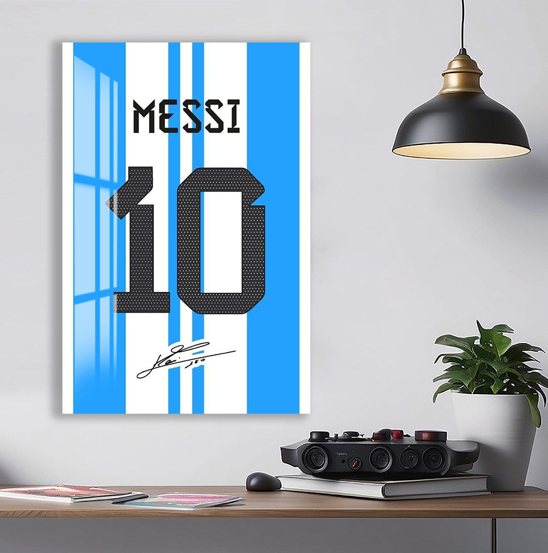 Lionel Messi Glass Wall Art – Iconic Argentina Number 10 Jersey Sports Decor