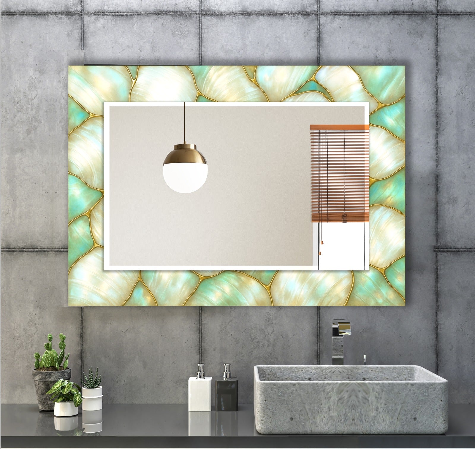 Blue tempered glass mirror with leaf pattern, modern wall art design