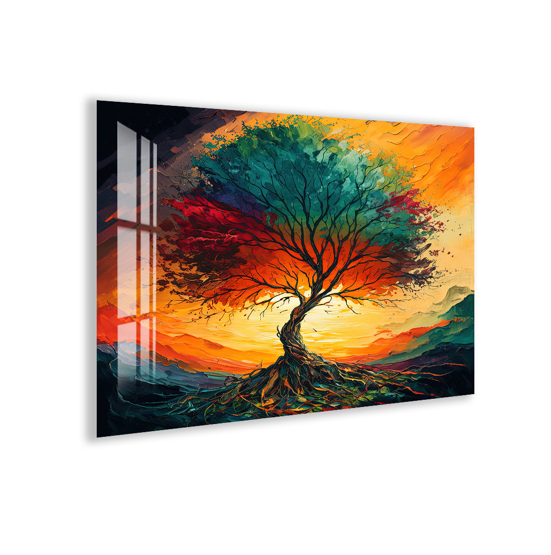 Sunset Tree of Life Glass Wall Art – Vibrant Tempered Glass Modern Decor