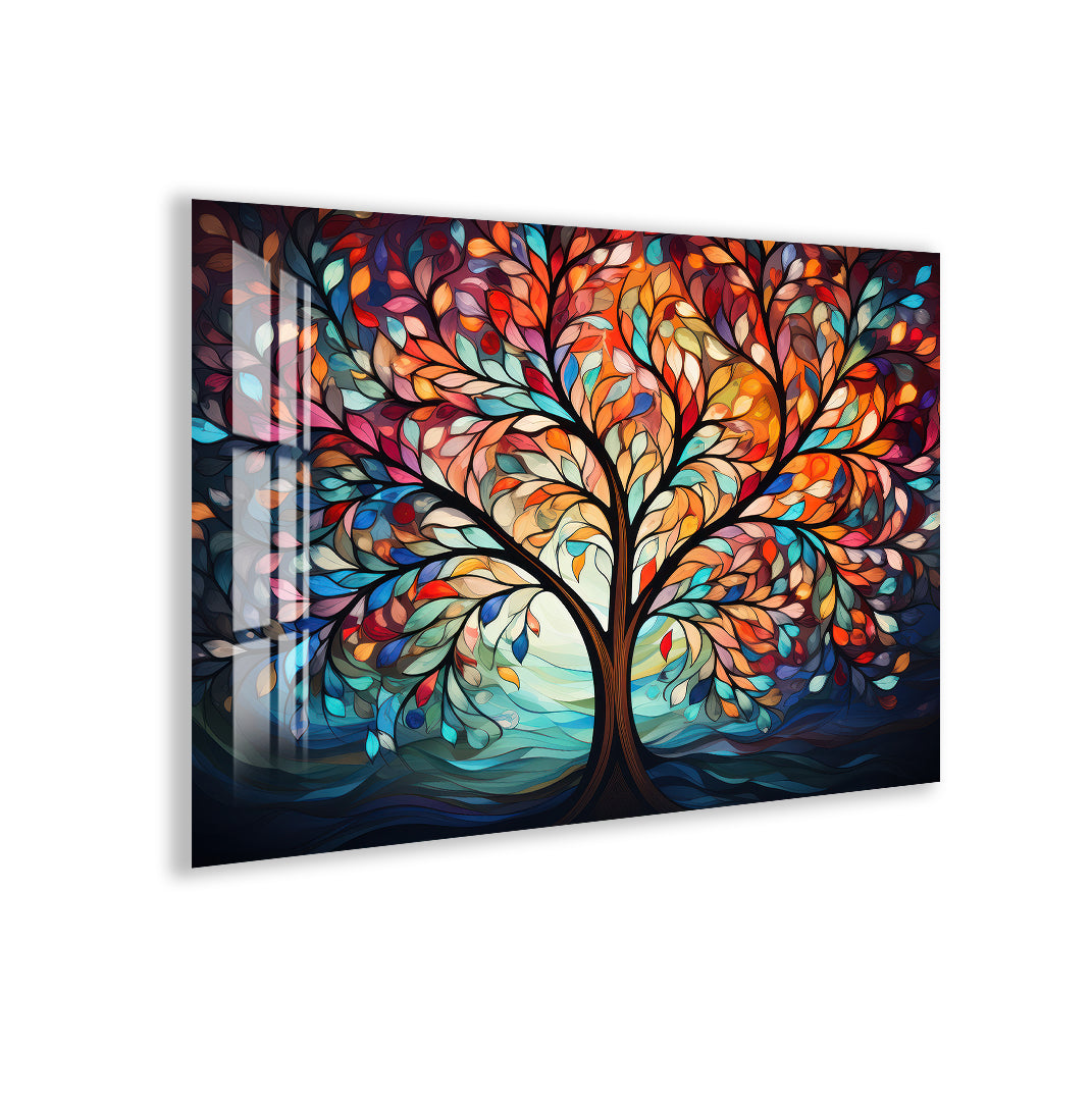 Colorful Tree of Life Glass Wall Art – Abstract Tempered Glass Modern Decor
