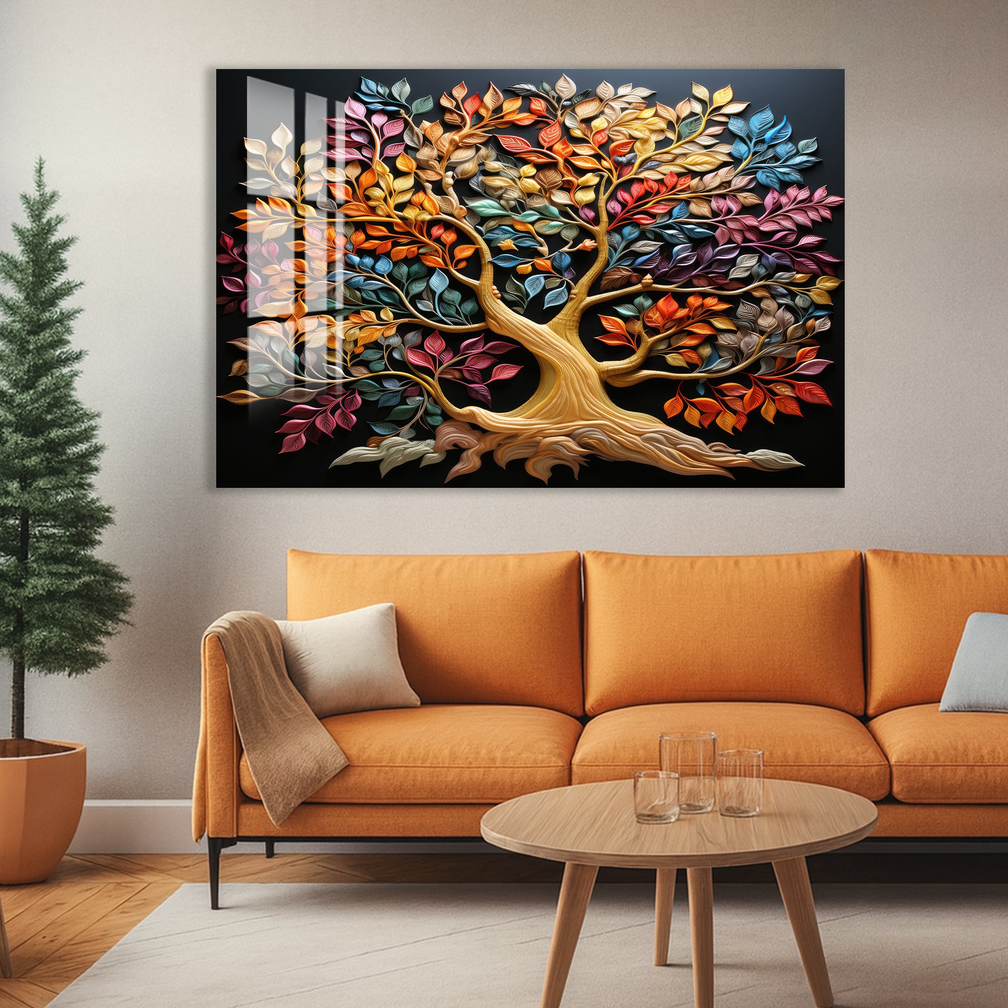 Colorful Tree of Life Glass Wall Art – Tempered Glass Modern Wall Decor
