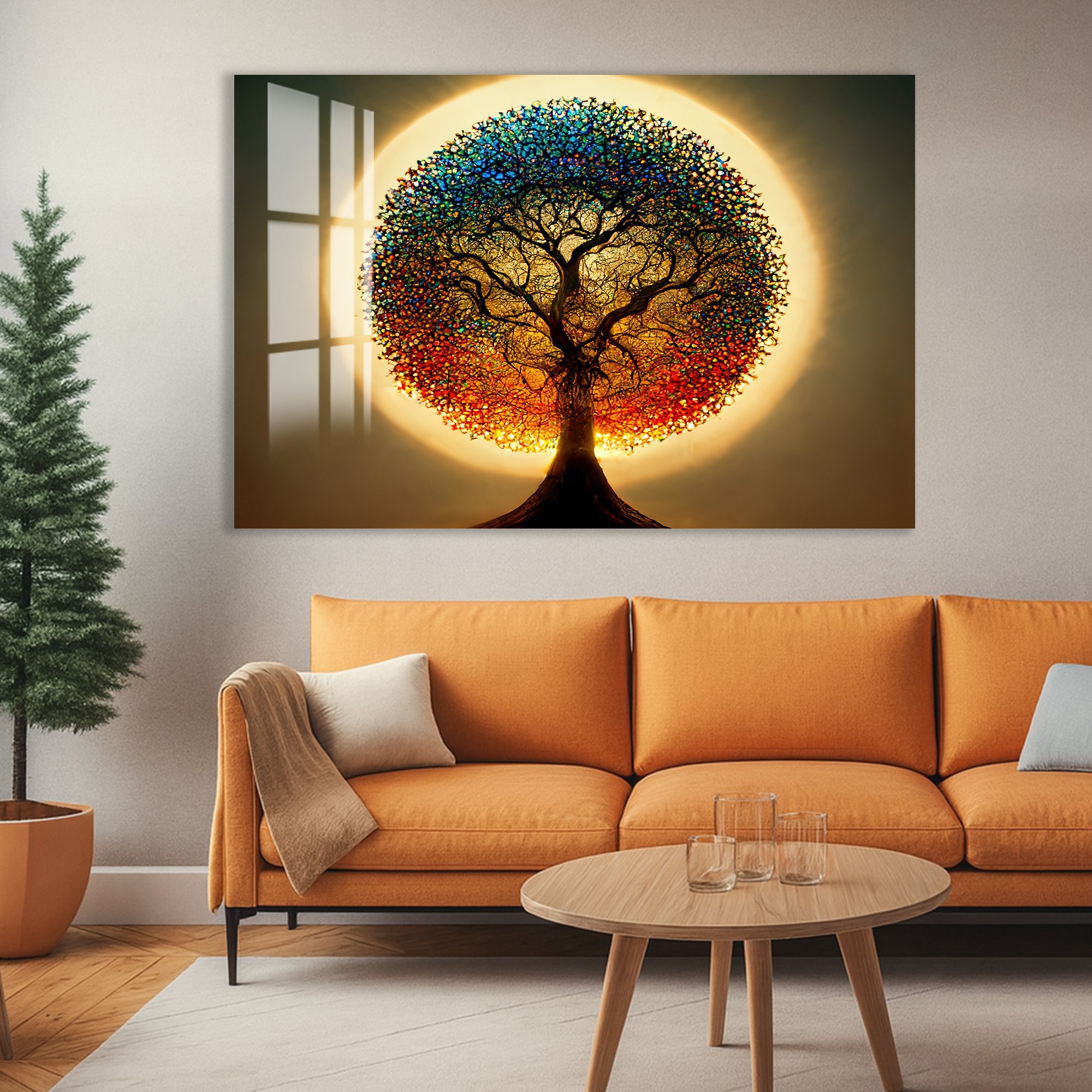 Rainbow Tree of Life Glass Wall Art – Round Colorful Tempered Glass Decor
