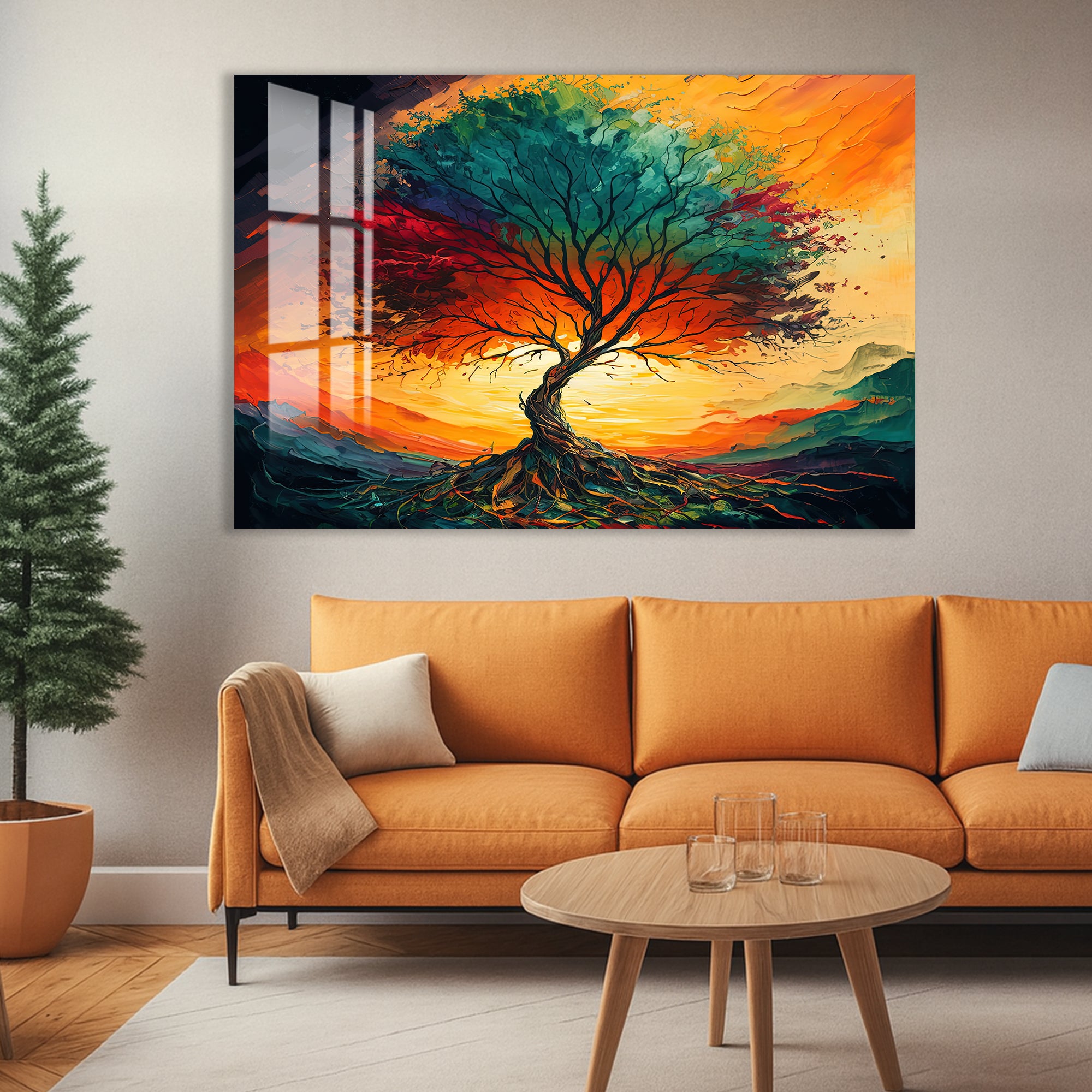 Sunset Tree of Life Glass Wall Art – Vibrant Tempered Glass Modern Decor
