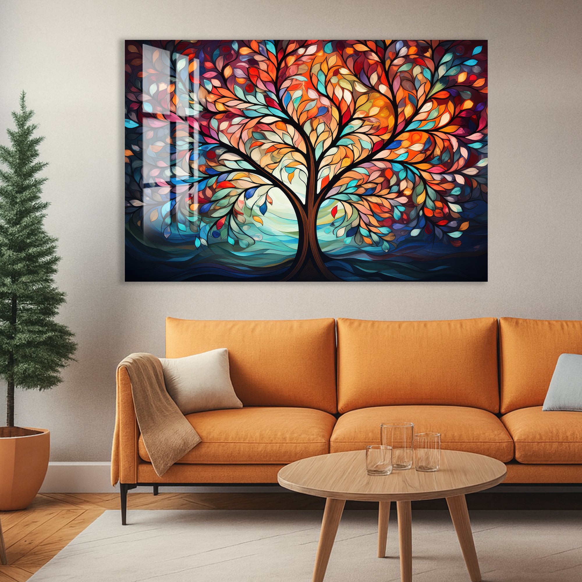 Colorful Tree of Life Glass Wall Art – Abstract Tempered Glass Modern Decor