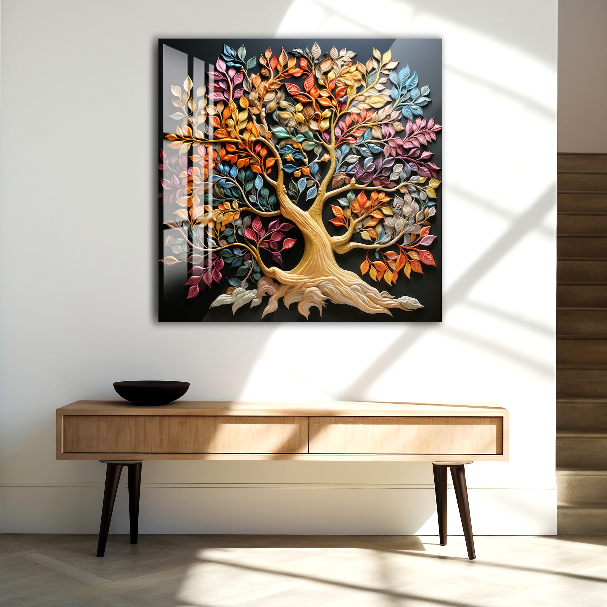 Colorful Tree of Life Glass Wall Art – Tempered Glass Modern Wall Decor