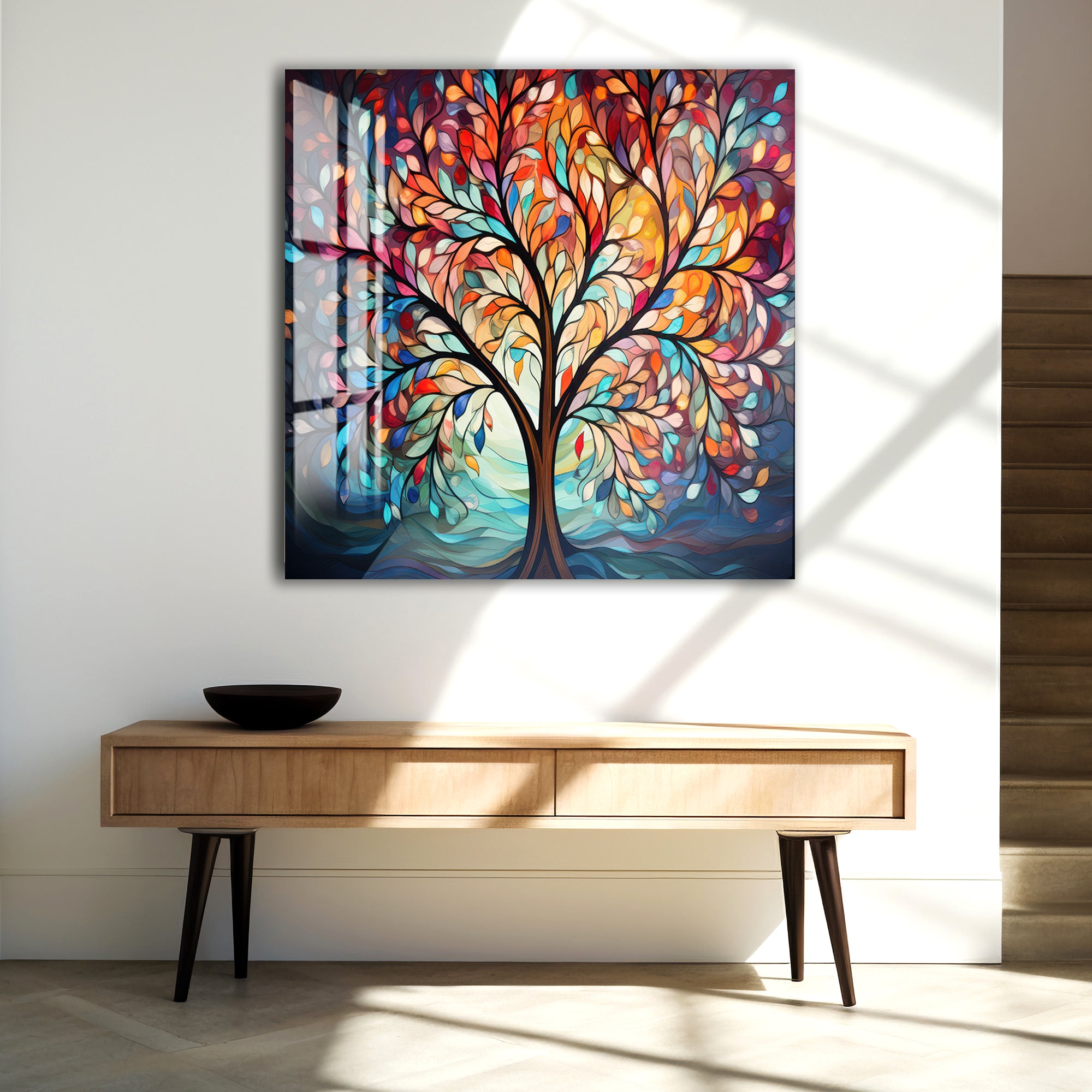 Colorful Tree of Life Glass Wall Art – Abstract Tempered Glass Modern Decor