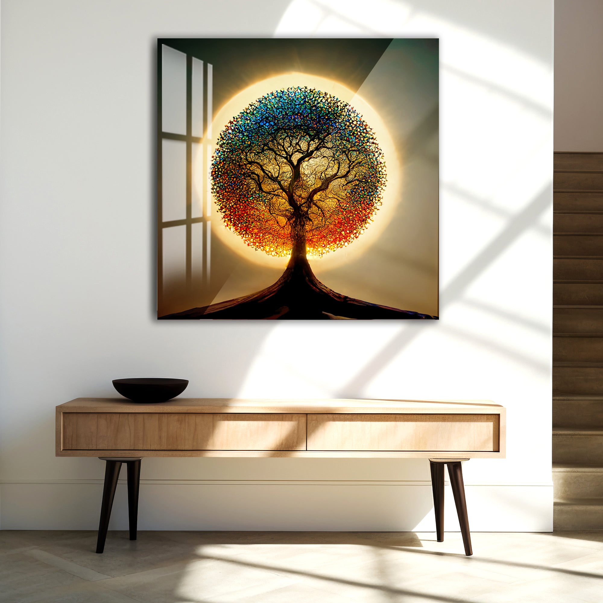 Rainbow Tree of Life Glass Wall Art – Round Colorful Tempered Glass Decor