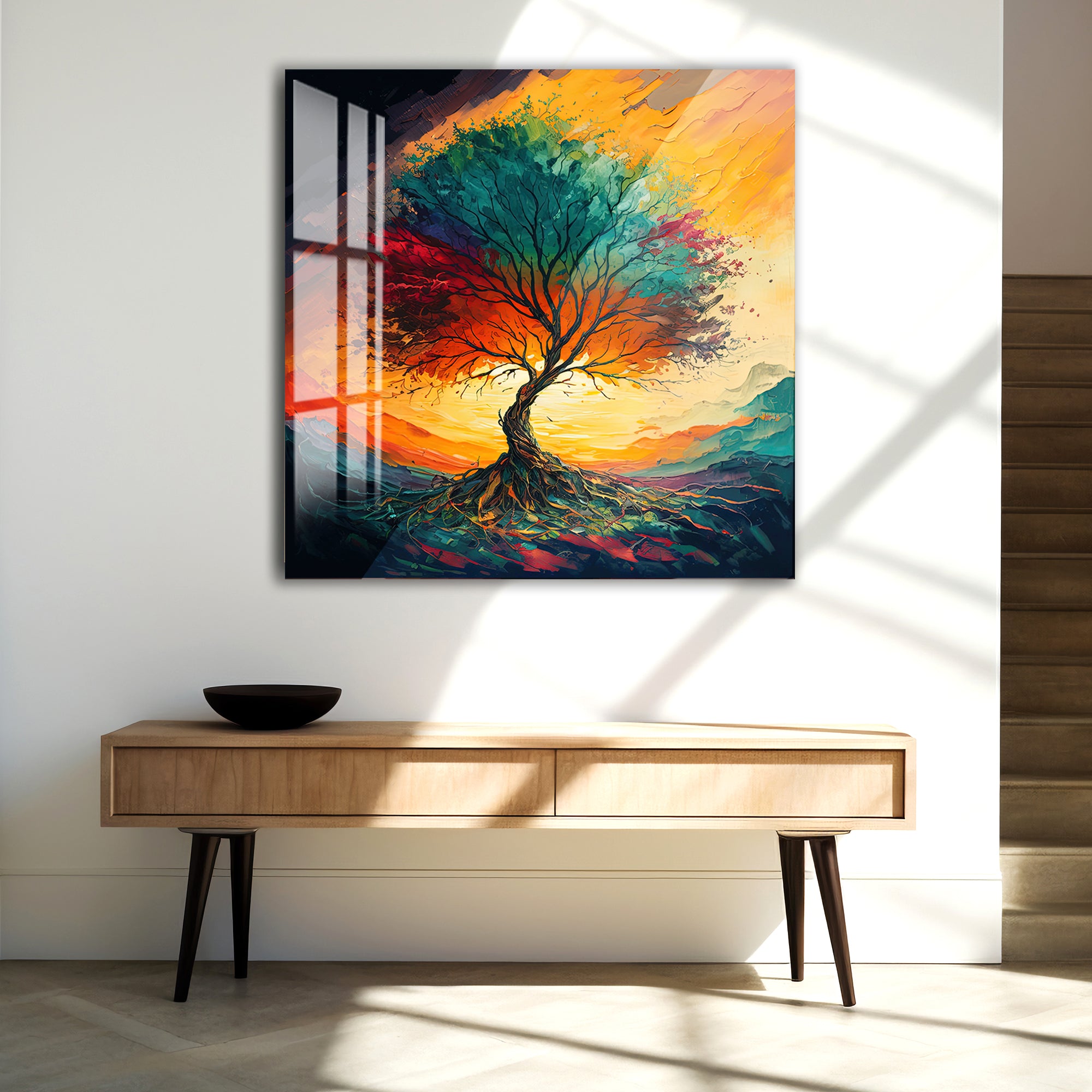 Sunset Tree of Life Glass Wall Art – Vibrant Tempered Glass Modern Decor