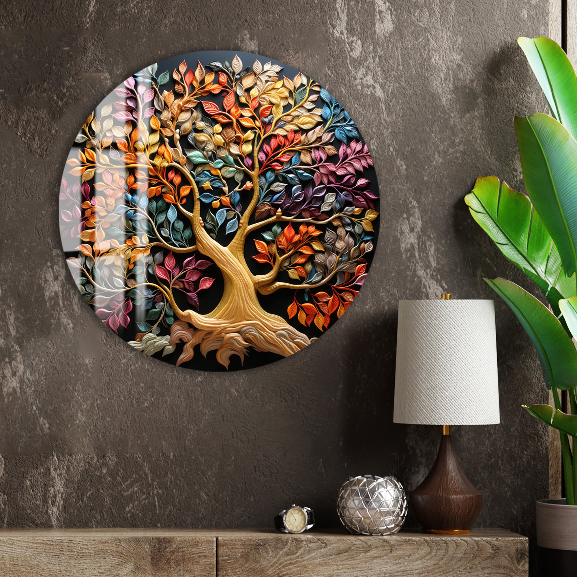 Colorful Tree of Life Glass Wall Art – Tempered Glass Modern Wall Decor