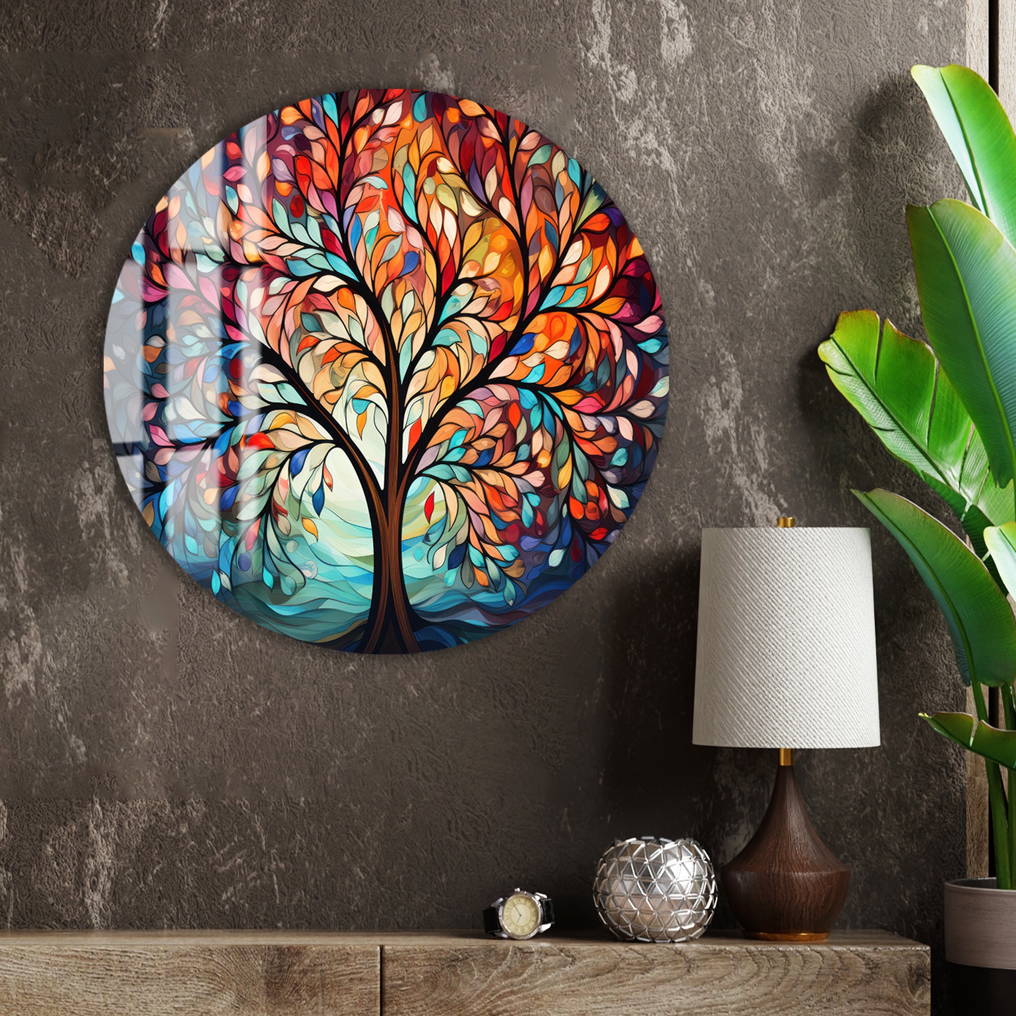 Colorful Tree of Life Glass Wall Art – Abstract Tempered Glass Modern Decor