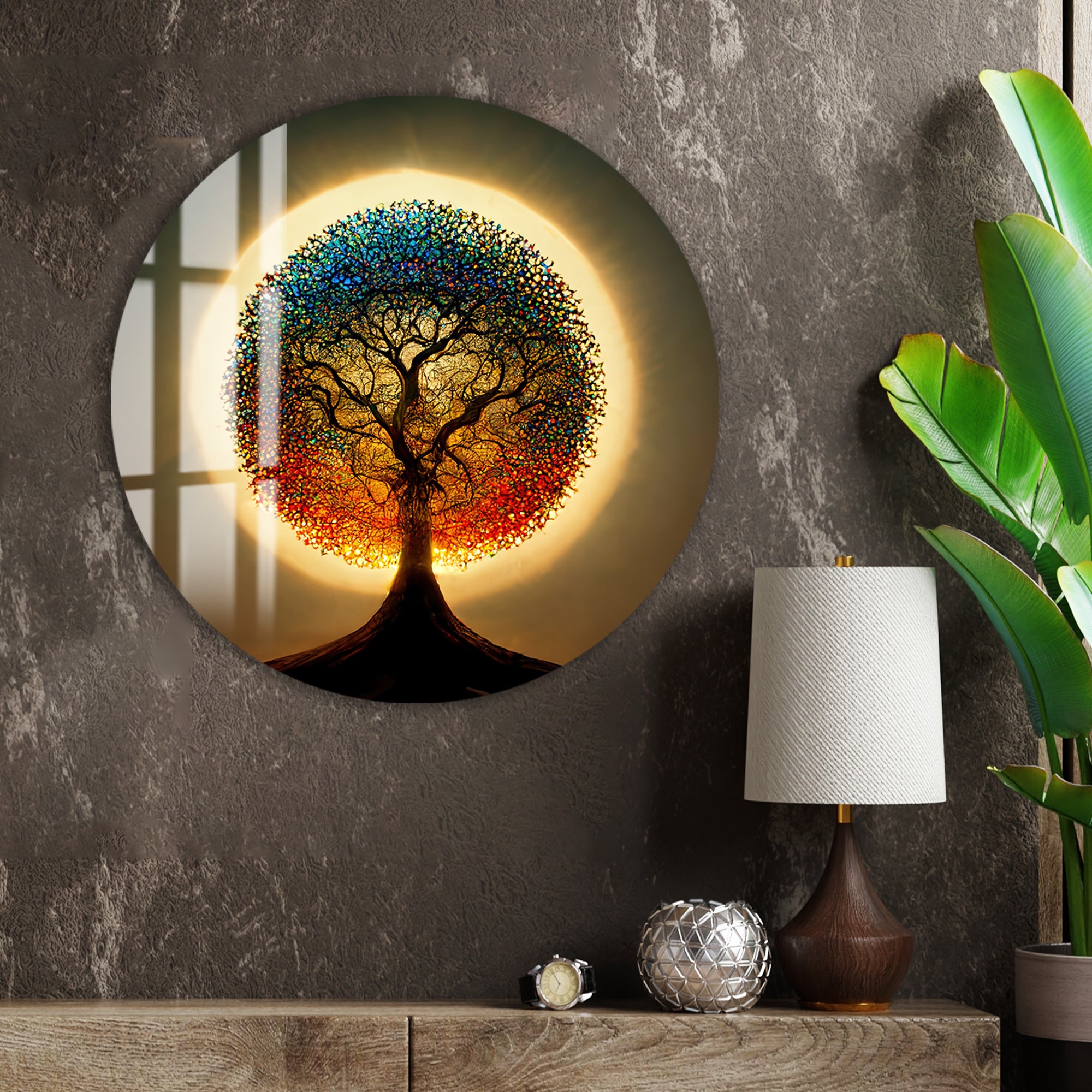 Rainbow Tree of Life Glass Wall Art – Round Colorful Tempered Glass Decor