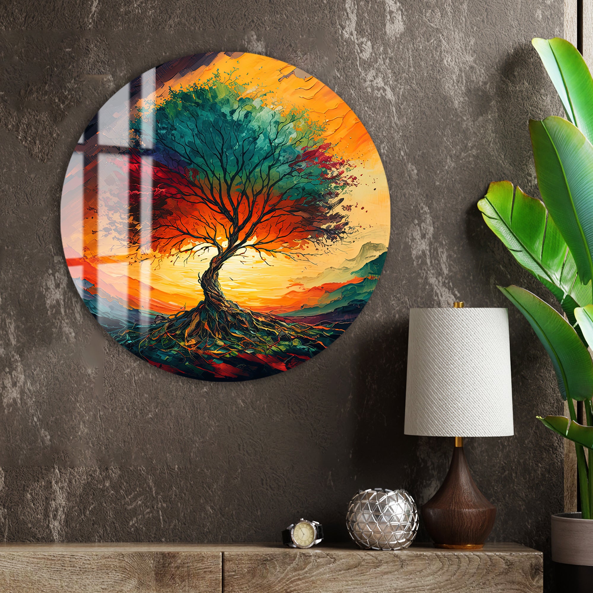Sunset Tree of Life Glass Wall Art – Vibrant Tempered Glass Modern Decor