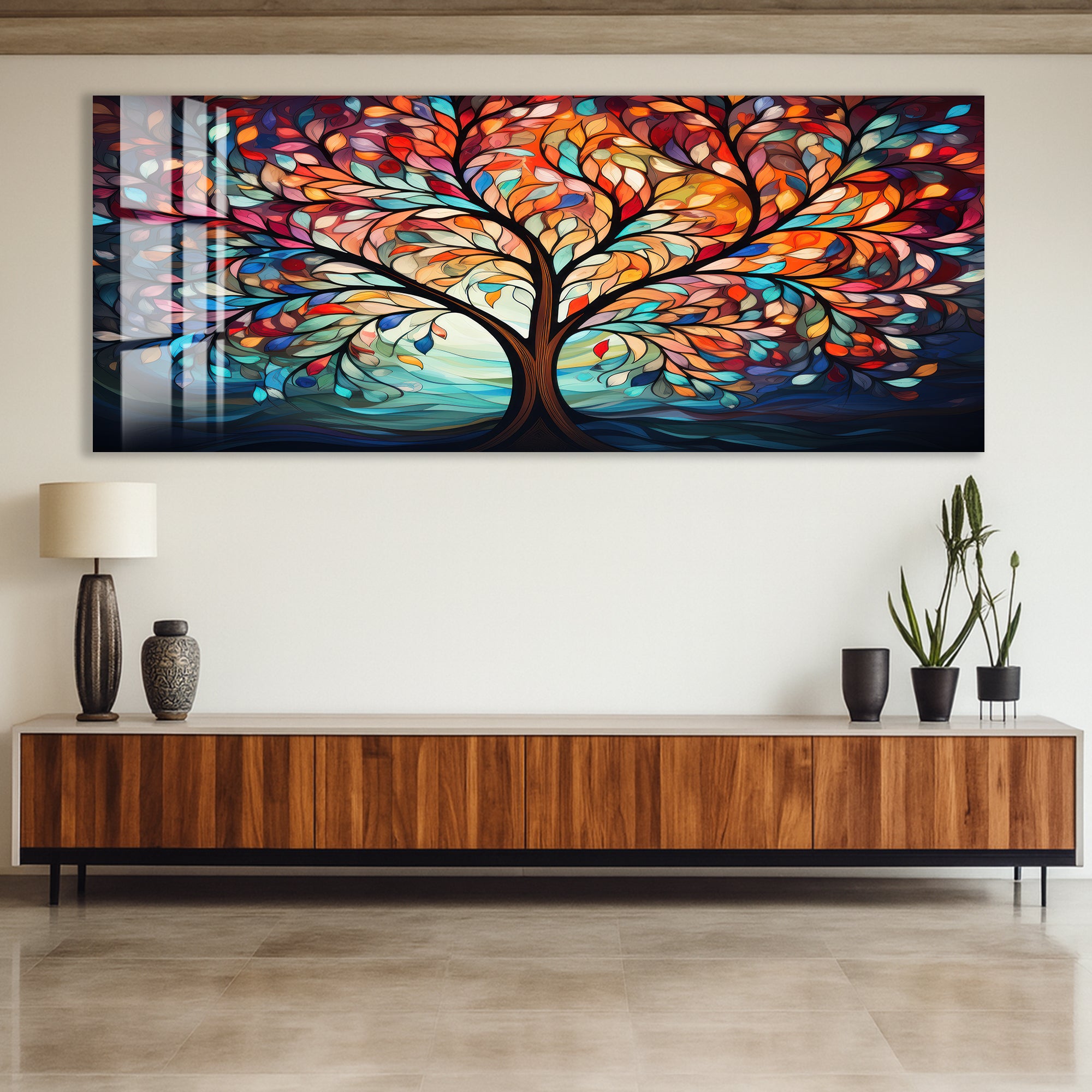 Colorful Tree of Life Glass Wall Art – Abstract Tempered Glass Modern Decor