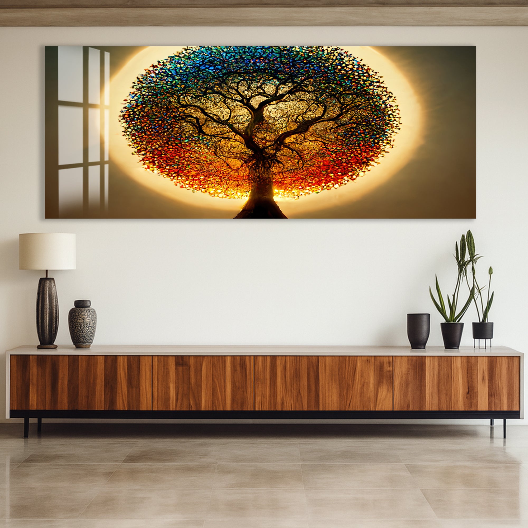 Rainbow Tree of Life Glass Wall Art – Round Colorful Tempered Glass Decor