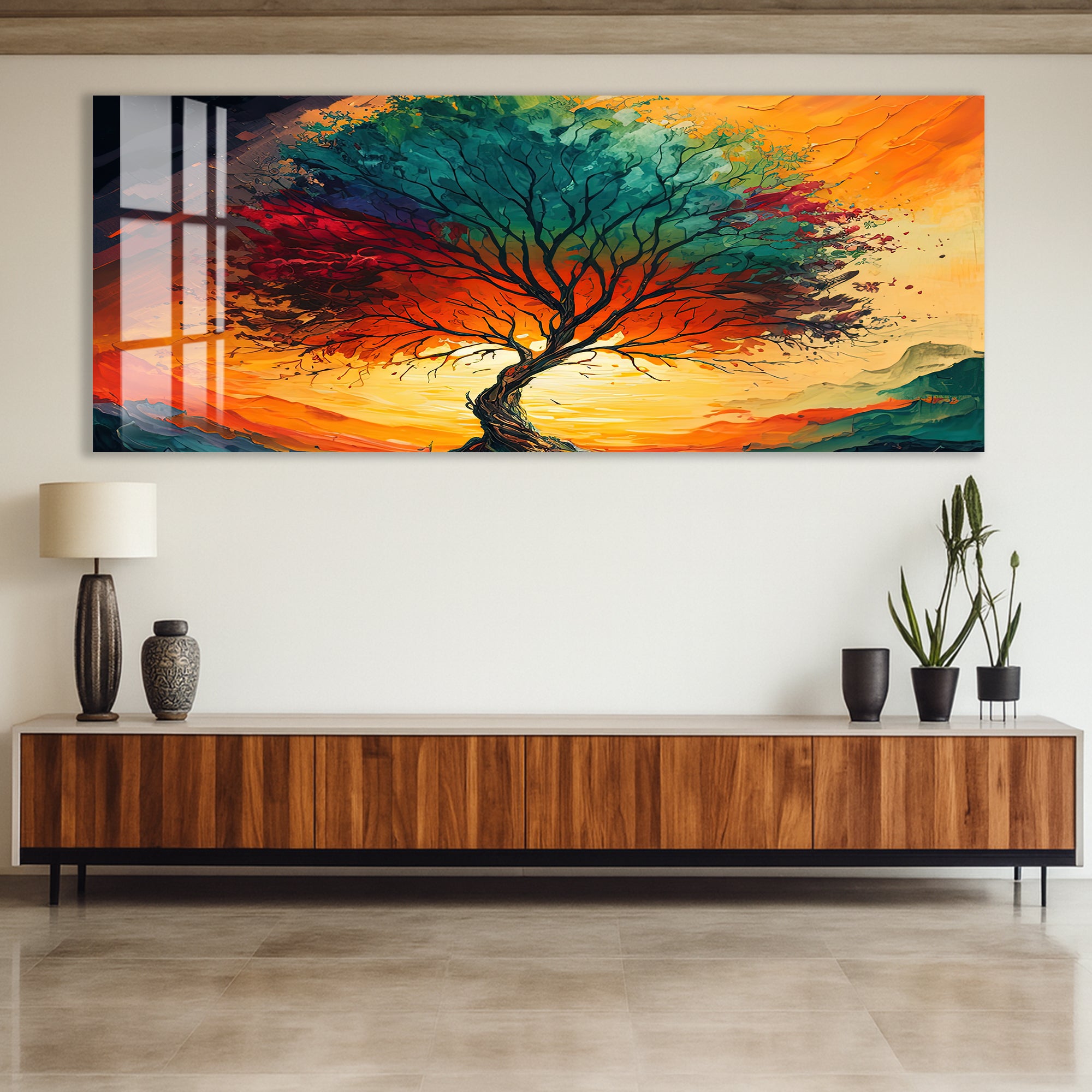 Sunset Tree of Life Glass Wall Art – Vibrant Tempered Glass Modern Decor