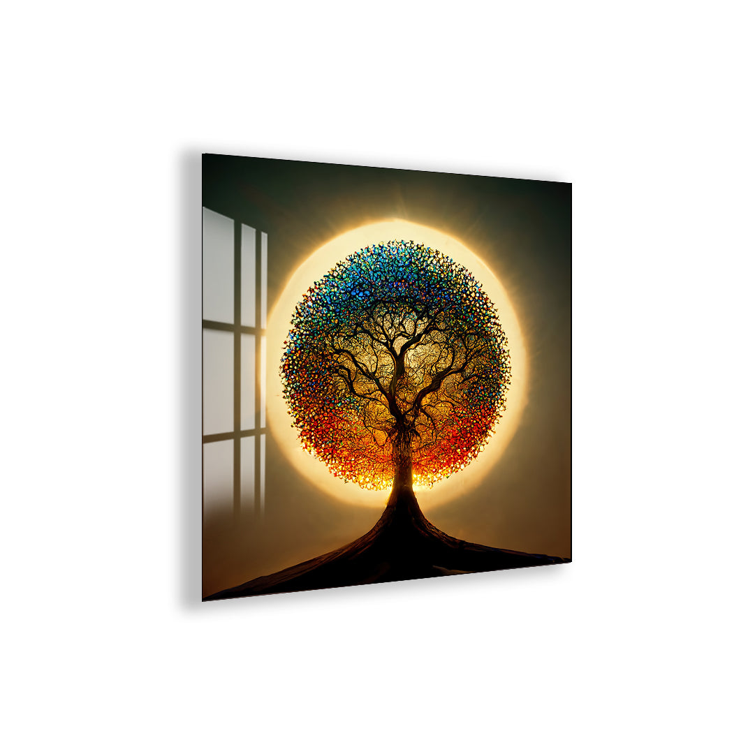 Rainbow Tree of Life Glass Wall Art – Round Colorful Tempered Glass Decor