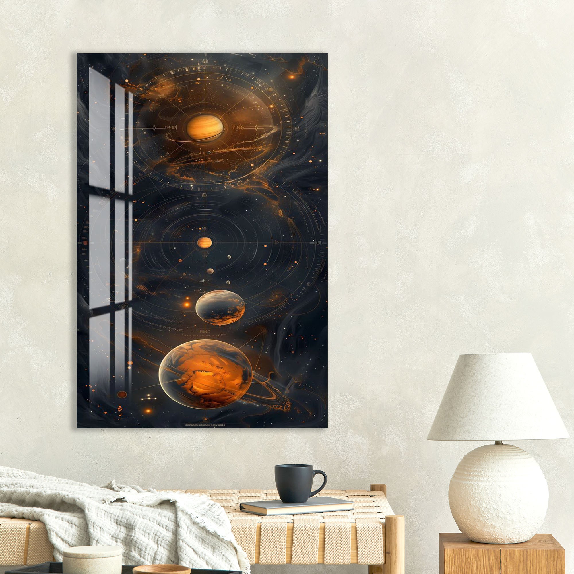 Solar System Glass Wall Art – Cosmic Planetary Orbit Design for Modern Interiors