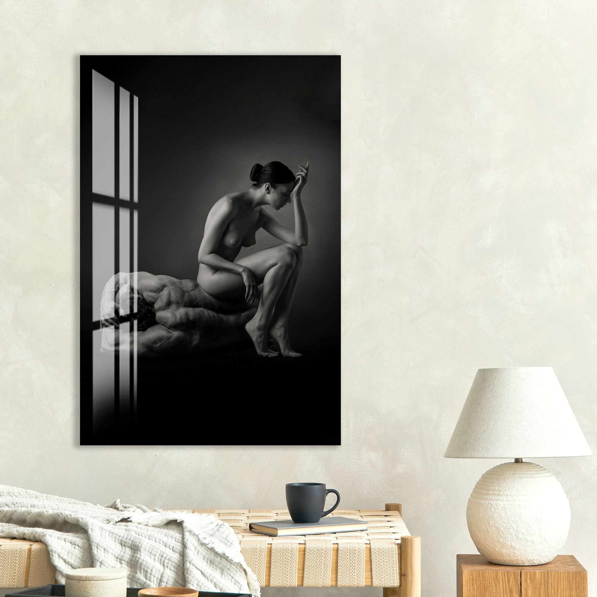Erotic Couple Glass Wall Art – Sensual Black and White Nude Decor for Modern Interiors