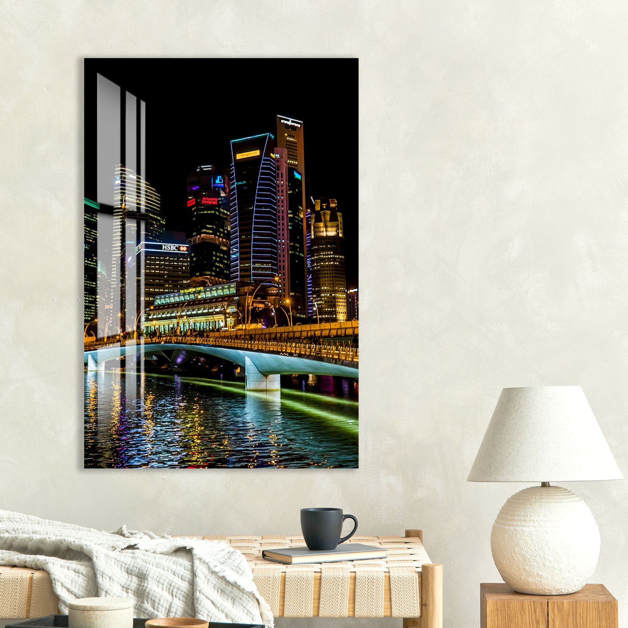 Singapore Skyline Glass Wall Art – Modern Cityscape Poster with Night Lights