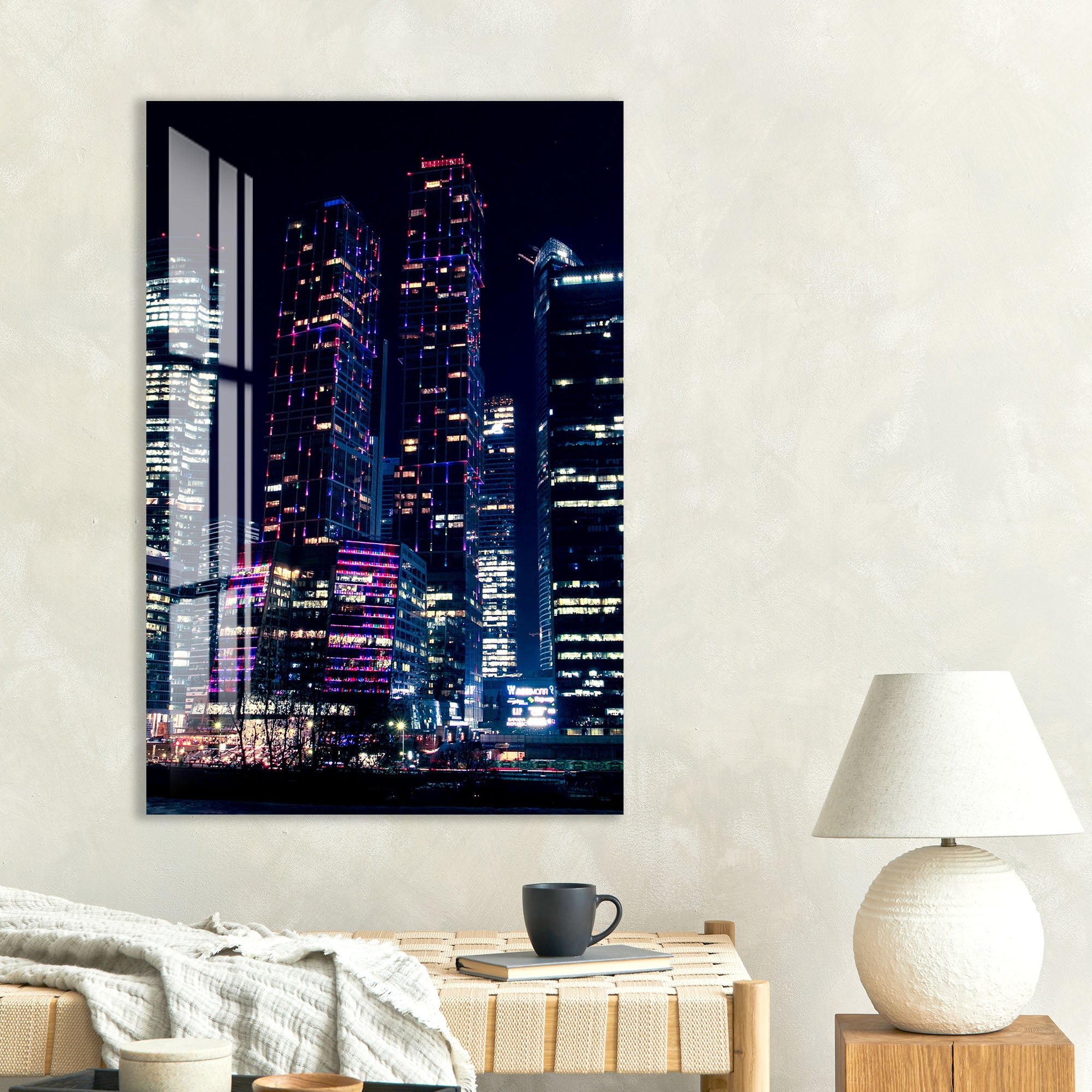 Moscow City Skyline Glass Wall Art – Futuristic Night Skyscraper Poster