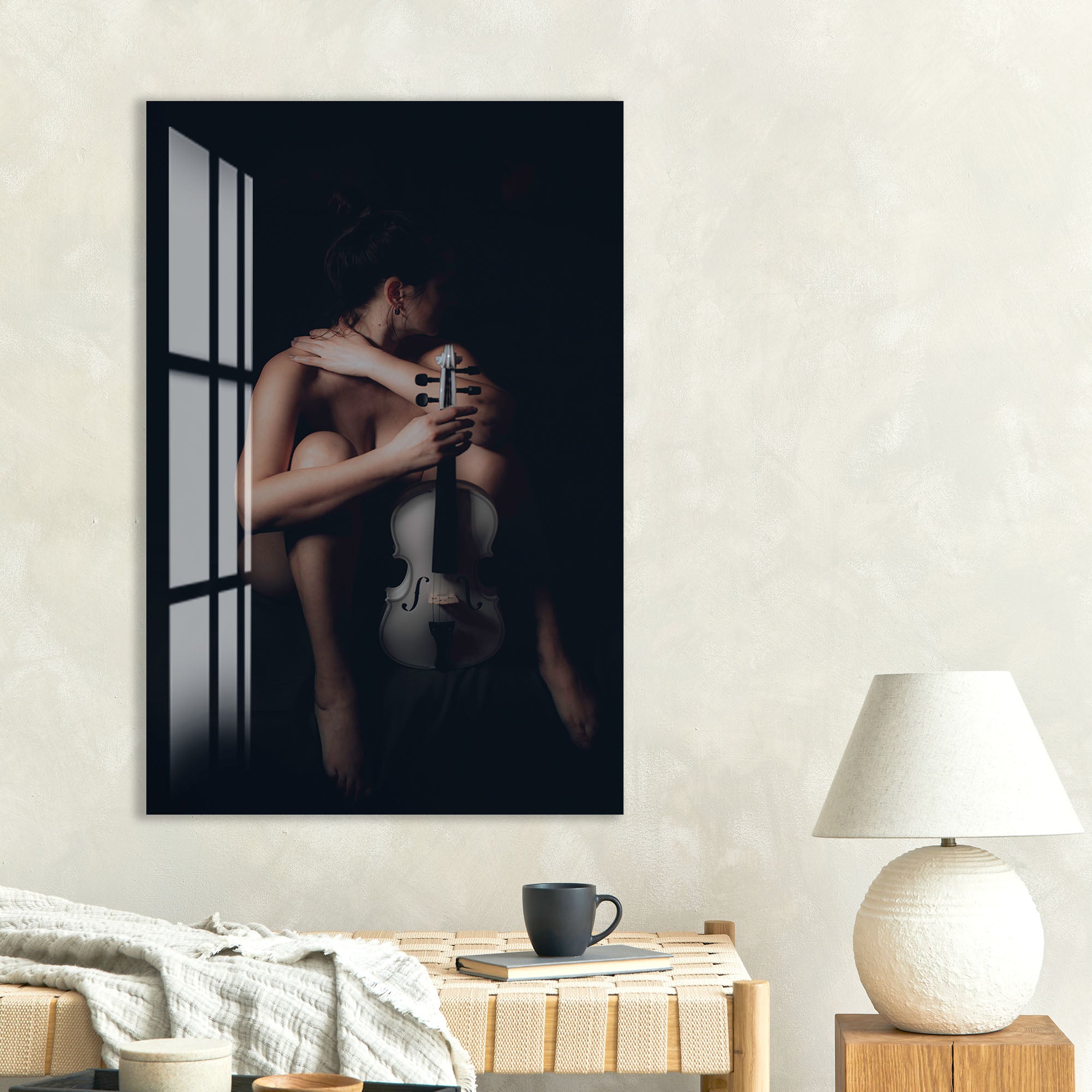 Erotic Nude Glass Wall Art – Sensual Woman with Violin Artistic Decor