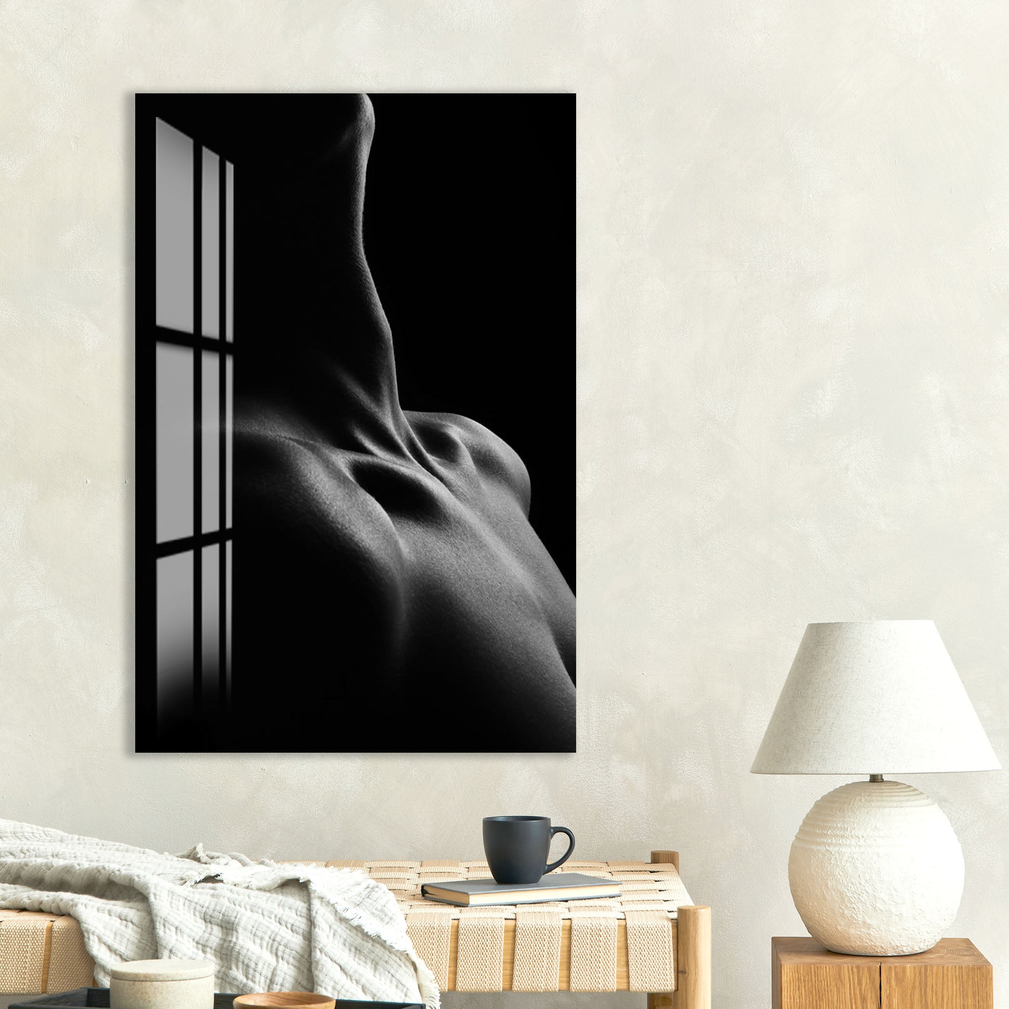 Erotic Male Nude Glass Wall Art – Sensual Black and White Body Decor