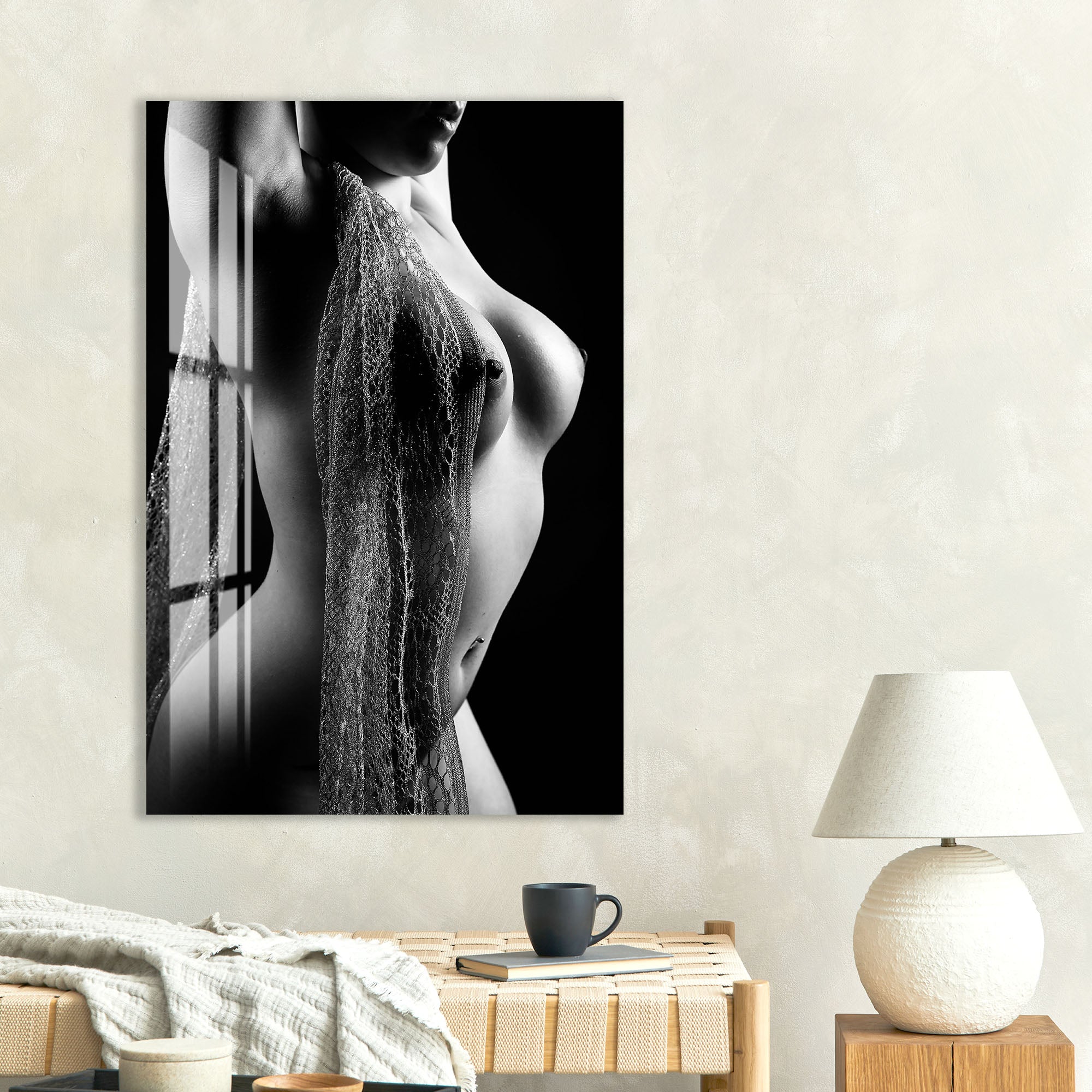 Erotic Nude Glass Wall Art – Sensual Black and White Female Body Decor