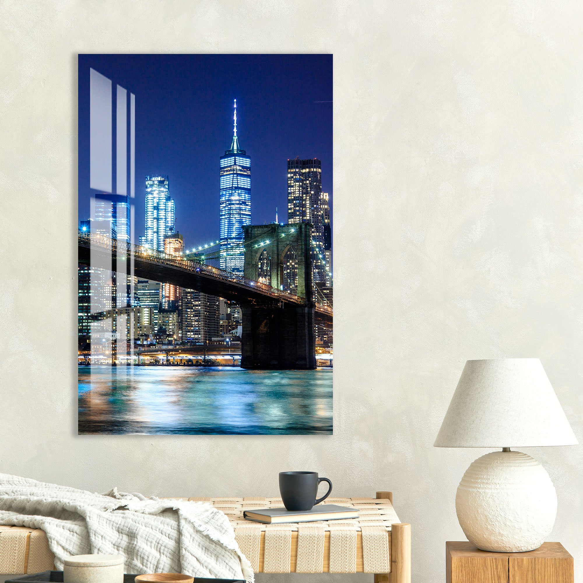 Brooklyn Bridge Night Glass Wall Art – Illuminated New York City Skyline Poster