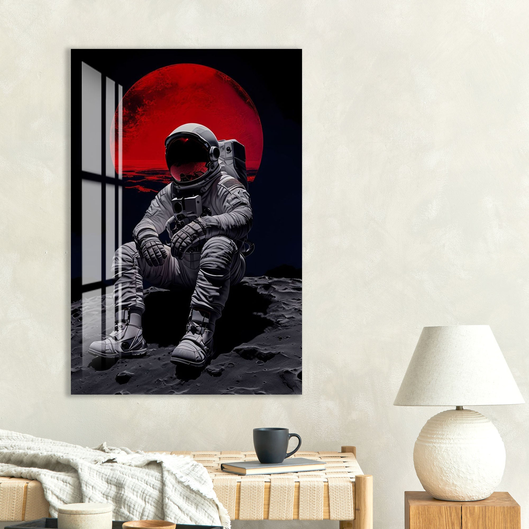 Red Moon Astronaut Glass Wall Art – Futuristic Space Decor for Modern Interiors